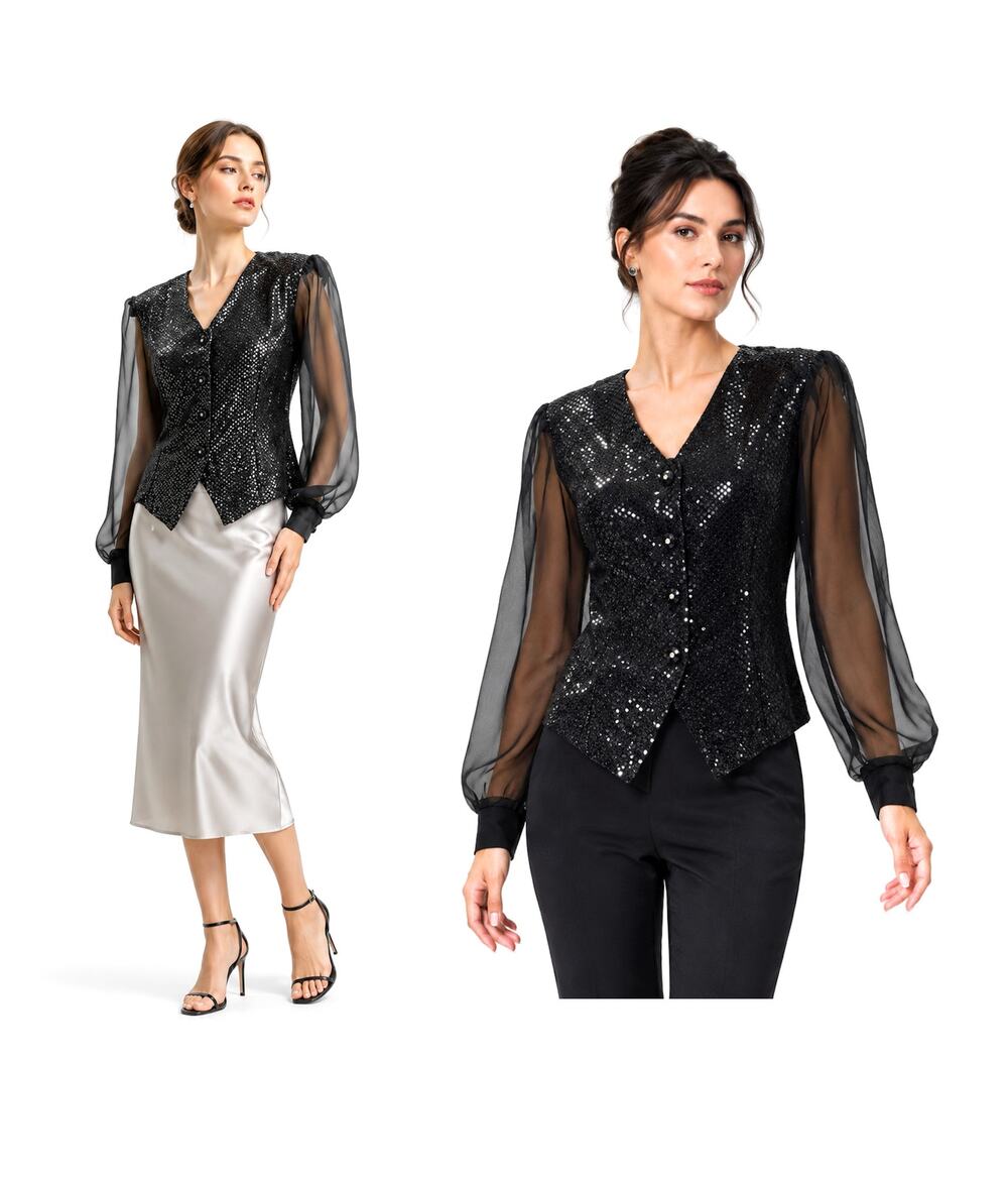 80s Black Sparkle Tuxedo Evening Top Sheer Sleeves Rhinestone Buttons M